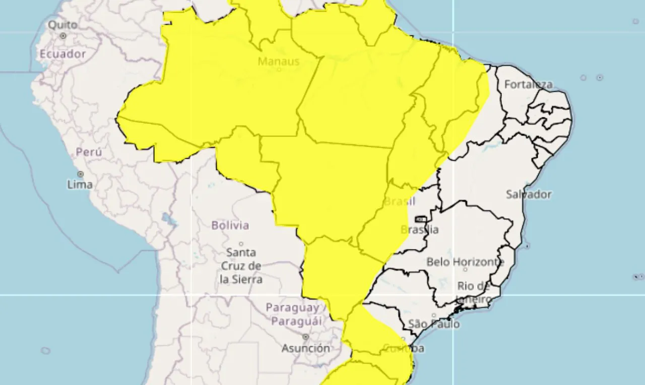 o mapa mostra &agrave;s &aacute;reas em alerta para temporais e chuva intensa
